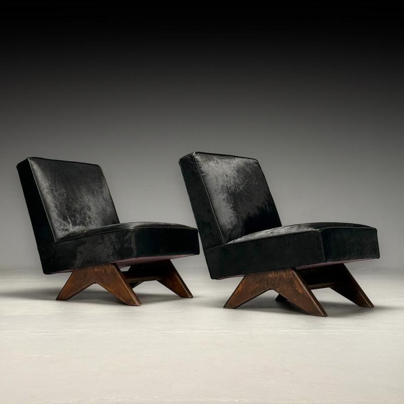 Pierre Jeanneret, French Mid-Century Modern, Slipper Chairs, Black Cowhide, Teak - 4