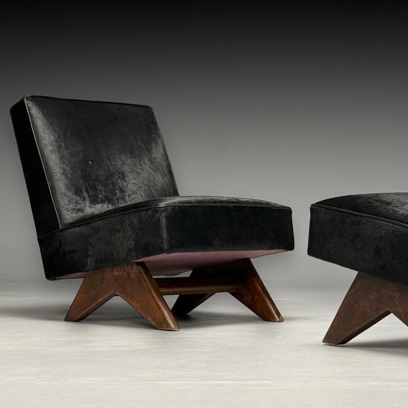 Pierre Jeanneret, French Mid-Century Modern, Slipper Chairs, Black Cowhide, Teak - 5