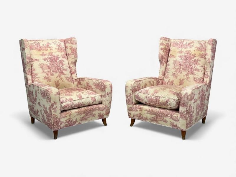 Italian Modern, Ashwood, Fabric, Large Wingback Chairs, Italy, 1950s - 3