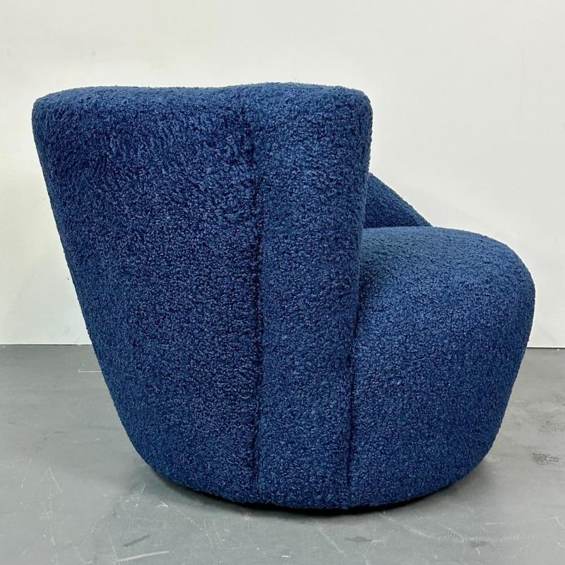 Pair of Mid-Century Modern Nautilus Style Swivel / Lounge Chairs, Blue Faux Fur - 10