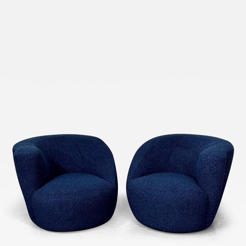 Pair of Mid-Century Modern Nautilus Style Swivel / Lounge Chairs, Blue Faux Fur (1 of 13)