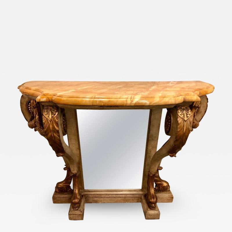 Neoclassical Style Marble-Top Bowed Table Mirrored Back Gilded Dolphin Accents: Title: Neoclassical Style Marble-Top Bowed Table Mirrored Back Gilded Dolphin Accents Description: Description 1: Late 19th century, Continental, the shaped and bowed marble top with a molded edge,