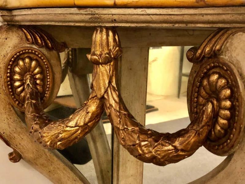 Neoclassical Style Marble-Top Bowed Table Mirrored Back Gilded Dolphin Accents - 2