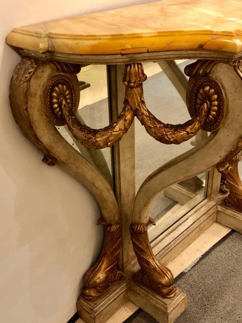 Neoclassical Style Marble-Top Bowed Table Mirrored Back Gilded Dolphin Accents - 3