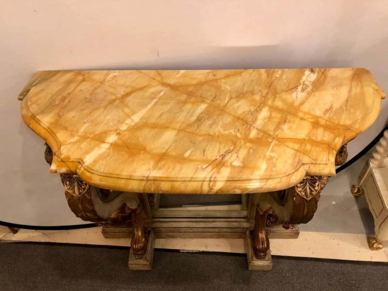 Neoclassical Style Marble-Top Bowed Table Mirrored Back Gilded Dolphin Accents - 6
