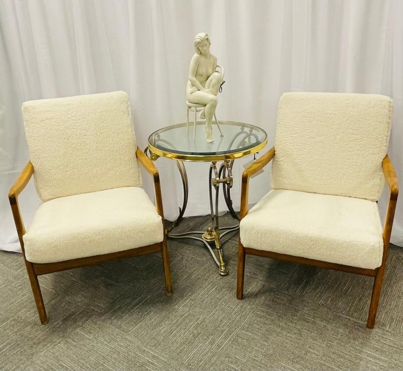 France and Daverkosen Teak Armchairs, Mid-Century Modern in Sherpa Style Fabric - 12