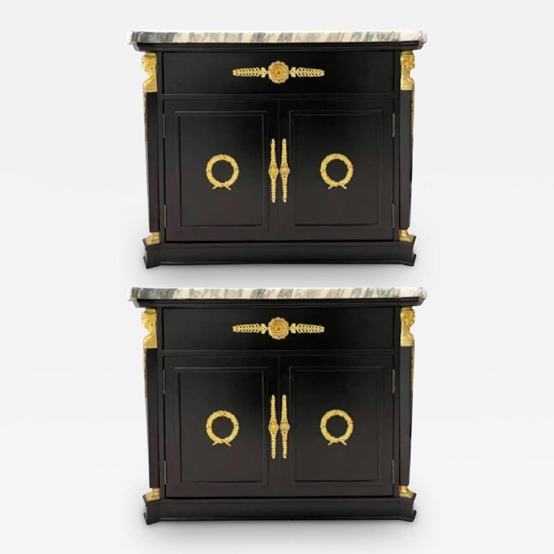 Pair Hollywood Regency Marble Top Nightstands or End Tables: Title: Pair Hollywood Regency Marble Top Nightstands or End Tables Description: Description 1: Pair Hollywood Regency marble top nightstands or end tables, detailed bronze mounts of a lady on each cor