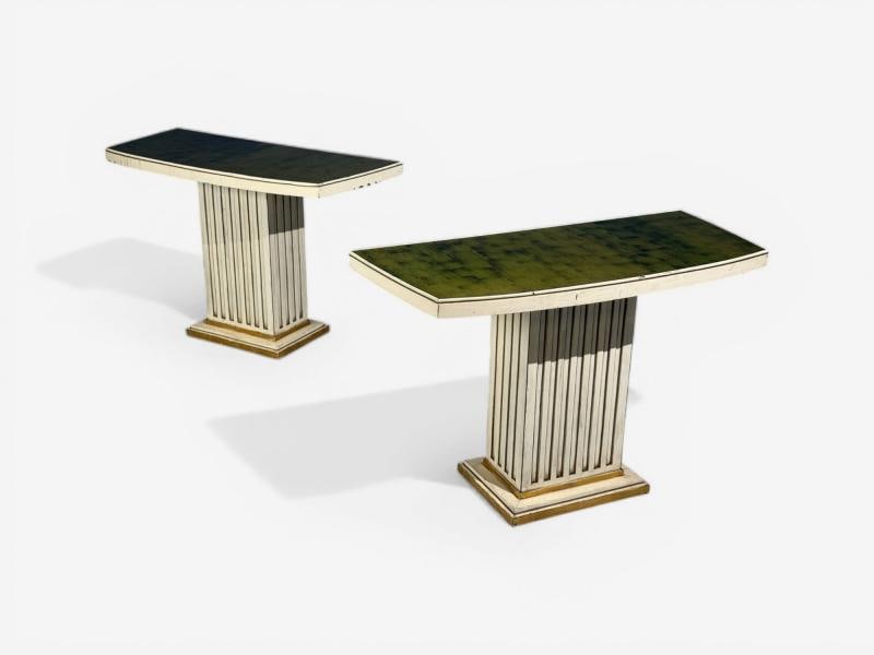 Pair Maison Jansen Painted and Eglomise Emerald Green Glass Top Console Tables - 10