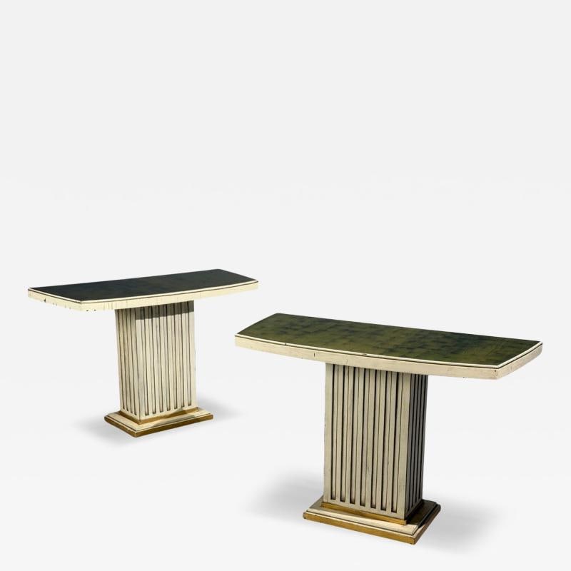 Pair Maison Jansen Painted and Eglomise Emerald Green Glass Top Console Tables: Title: Pair Maison Jansen Painted and Eglomise Emerald Green Glass Top Console Tables Description: Description 1: A fabulous pair of console tables, circa 1950s, stamped Jansen, the verre églomis