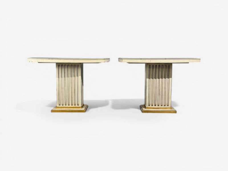 Pair Maison Jansen Painted and Eglomise Emerald Green Glass Top Console Tables - 3