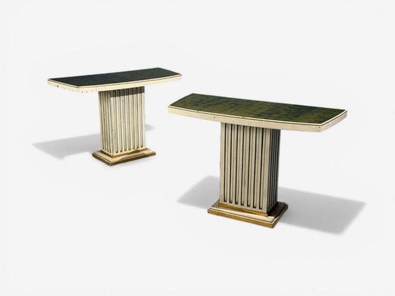 Pair Maison Jansen Painted and Eglomise Emerald Green Glass Top Console Tables - 9