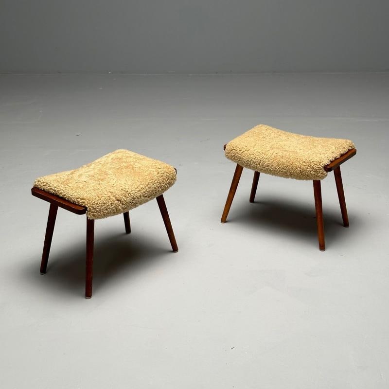 Swedish Mid-Century Modern, Stools, Honey Sheepskin, Walnut, Sweden, 1970s - 5