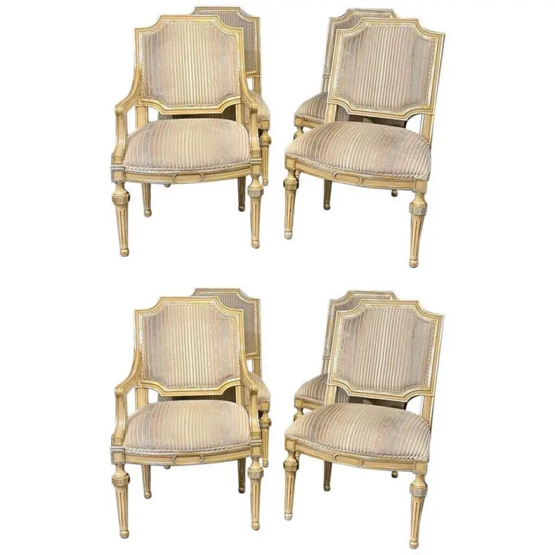 Set of Eight Louis XVI Style Dining Chairs Painted and Parcel-Gilt, Jansen Style - 2