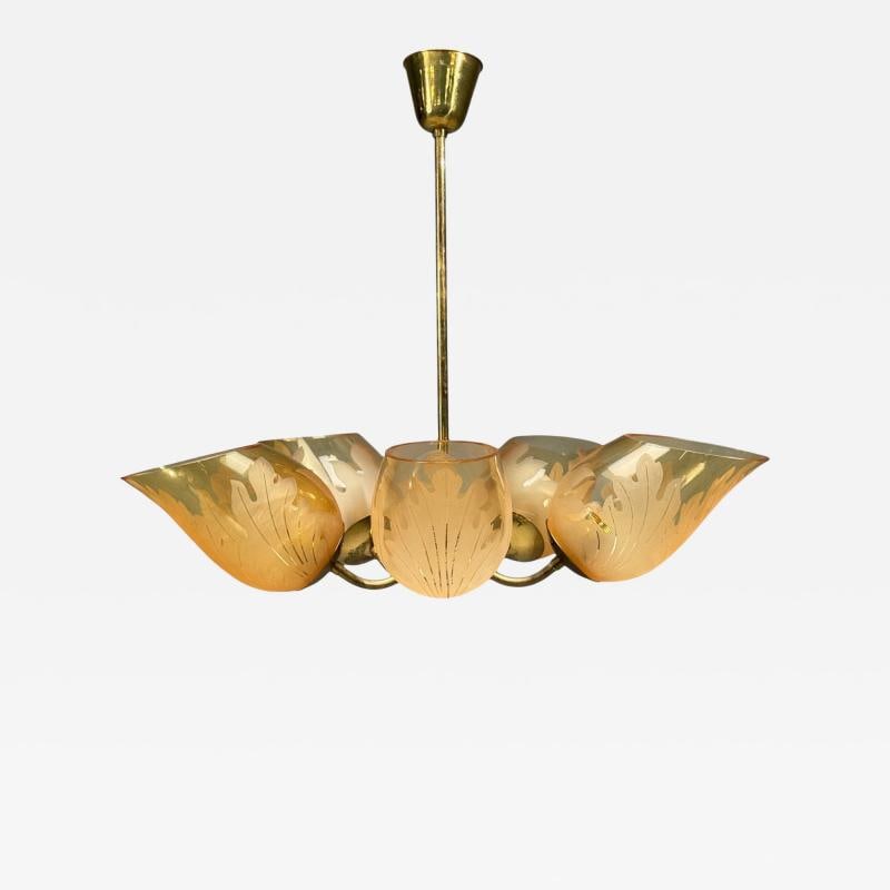 Carl Erik Bodén, Chandelier, Brass, Glass, Sweden, 1940s: Title: Carl Erik Bodén, Chandelier, Brass, Glass, Sweden, 1940s Description: Description 1: Carl Erik Bodén, Swedish Mid-Century Modern, Pendant Light, Brass, Glass, Sweden, 1940s Five arm p