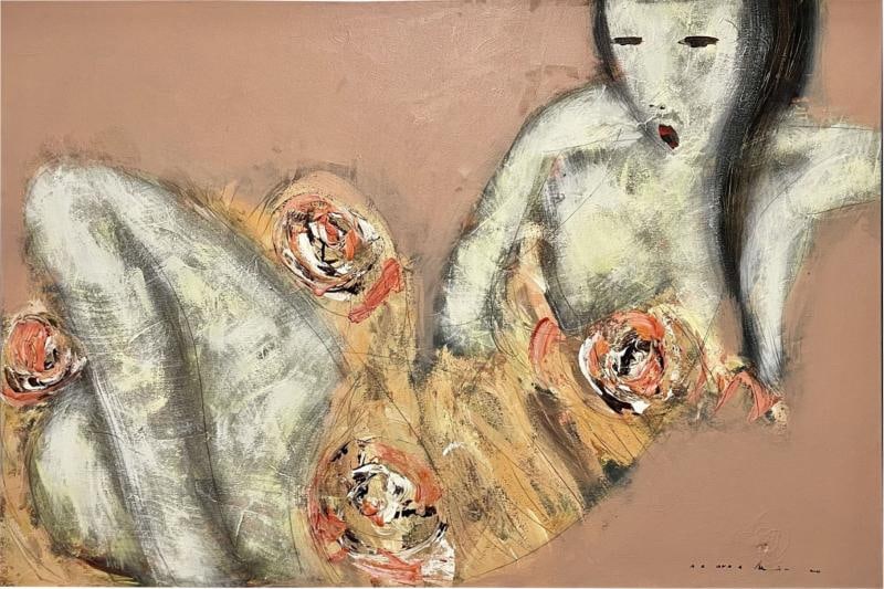 Mid-Century Modern Figurative Painting, Oriental, One of a Pair, Signed: Title: Mid-Century Modern Figurative Painting, Oriental, One of a Pair, Signed Description: Description 1: Mid-Century Modern Figurative Painting of a Scantily Clad Oriental Woman in a seductive