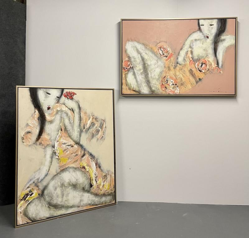 Mid-Century Modern Figurative Painting, Oriental, One of a Pair, Signed - 3