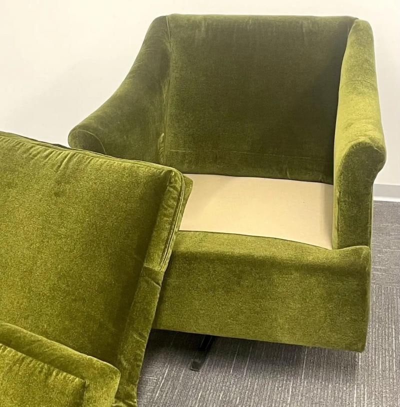 Pair Mid-Century Modern Swivel Arm, Lounge Chairs, Olive Green Velvet, American - 10
