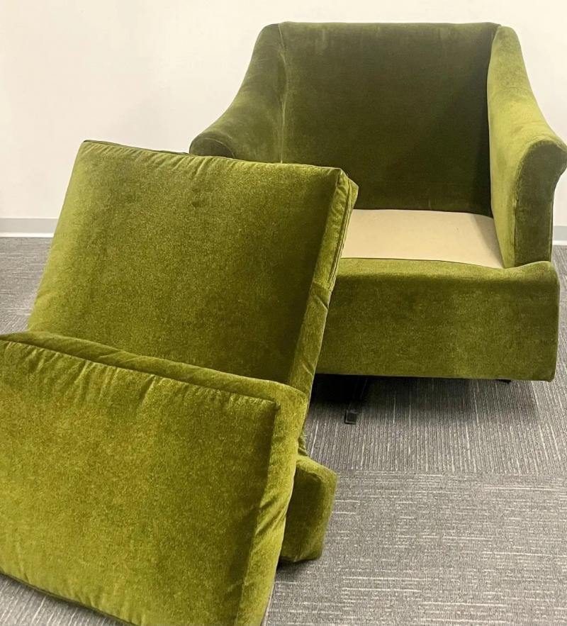 Pair Mid-Century Modern Swivel Arm, Lounge Chairs, Olive Green Velvet, American - 11