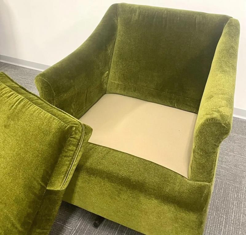 Pair Mid-Century Modern Swivel Arm, Lounge Chairs, Olive Green Velvet, American - 12