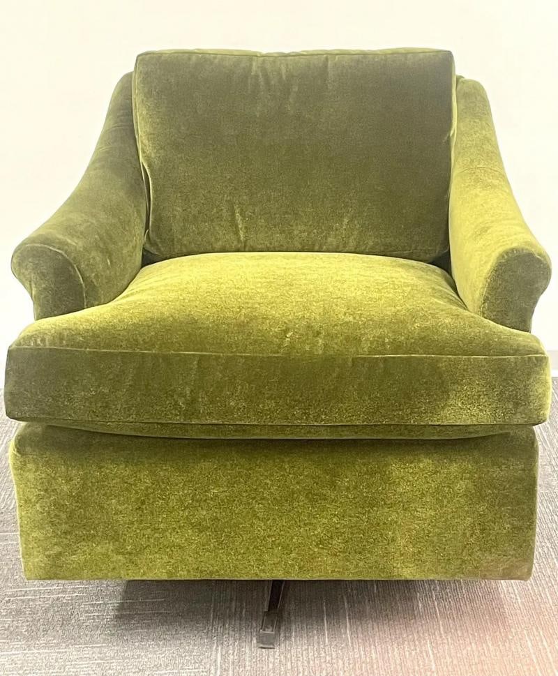 Pair Mid-Century Modern Swivel Arm, Lounge Chairs, Olive Green Velvet, American - 5