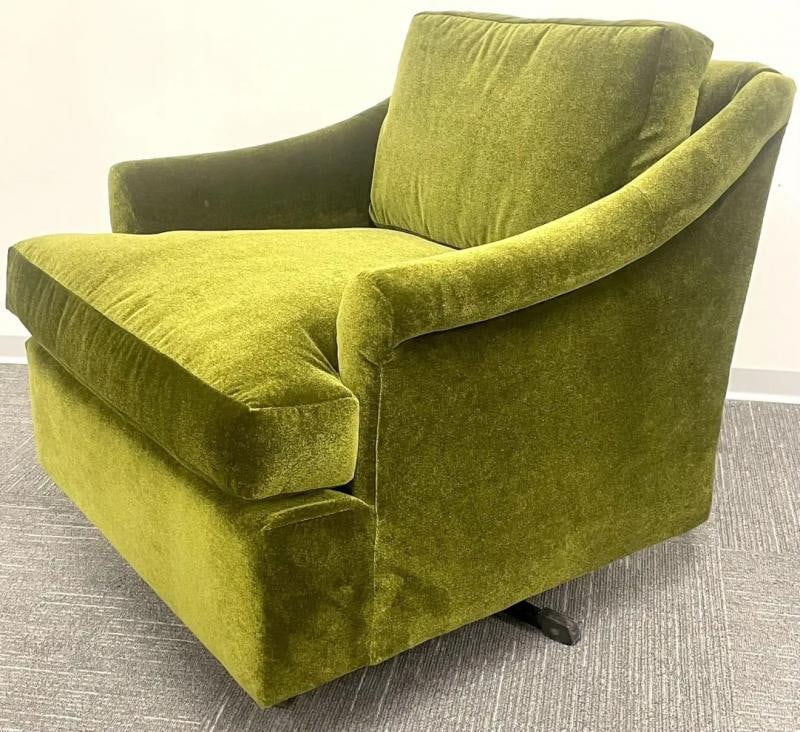 Pair Mid-Century Modern Swivel Arm, Lounge Chairs, Olive Green Velvet, American - 6
