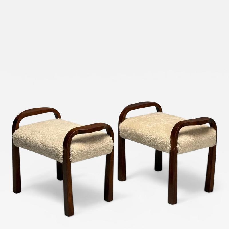Italian Mid-Century Modern, Footstools, Beige Shearling, Mahogany, Italy, 1950s (1 of 8)