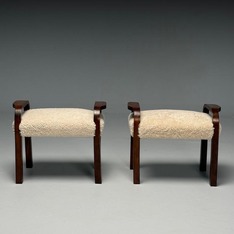 Italian Mid-Century Modern, Footstools, Beige Shearling, Mahogany, Italy, 1950s - 5