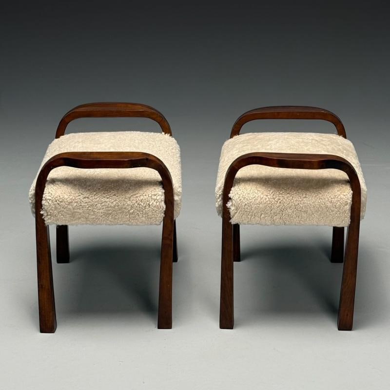 Italian Mid-Century Modern, Footstools, Beige Shearling, Mahogany, Italy, 1950s - 7