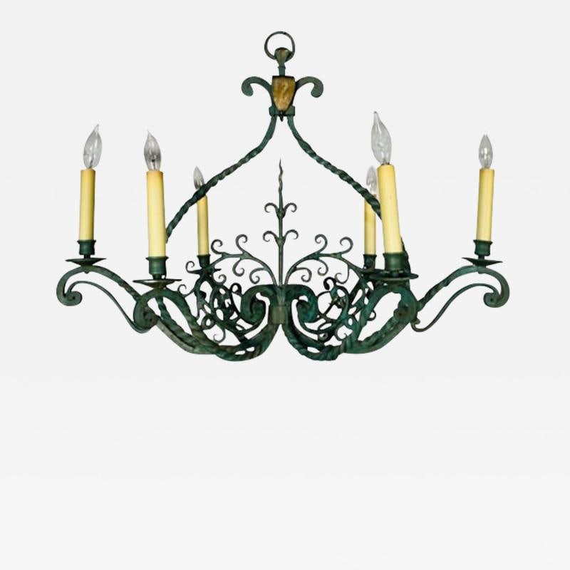 Wrought Iron Industrial Green Painted Chandelier, Circa 1930s: Title: Wrought Iron Industrial Green Painted Chandelier, Circa 1930s Description: Description 1: Wrought Iron Industrial Green Painted Chandelier, Circa 1930s The whole of retangular form with scroll