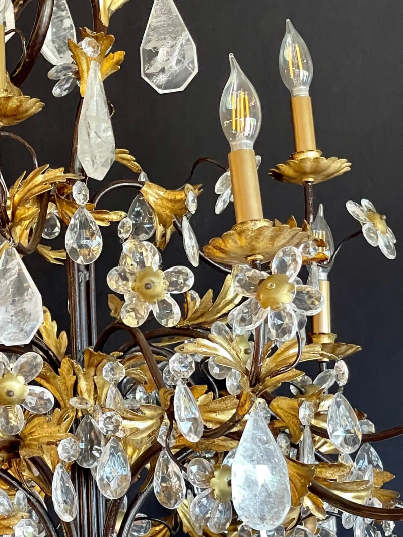 Louis XVI Style Rock Crystal Chandelier, Ebony and Gilt Metal Design - 10