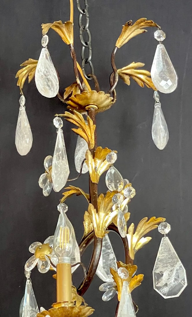Louis XVI Style Rock Crystal Chandelier, Ebony and Gilt Metal Design - 11