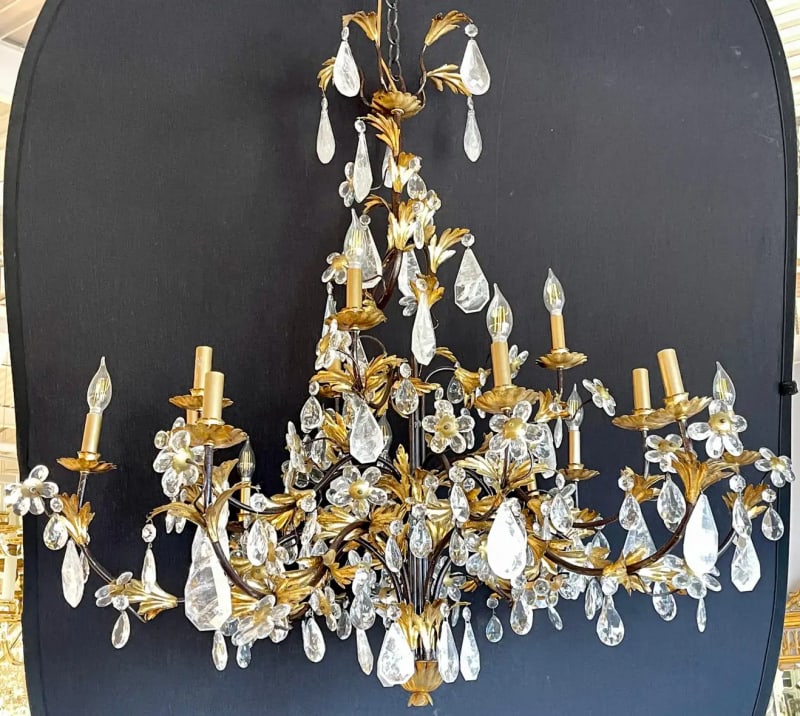 Louis XVI Style Rock Crystal Chandelier, Ebony and Gilt Metal Design - 3