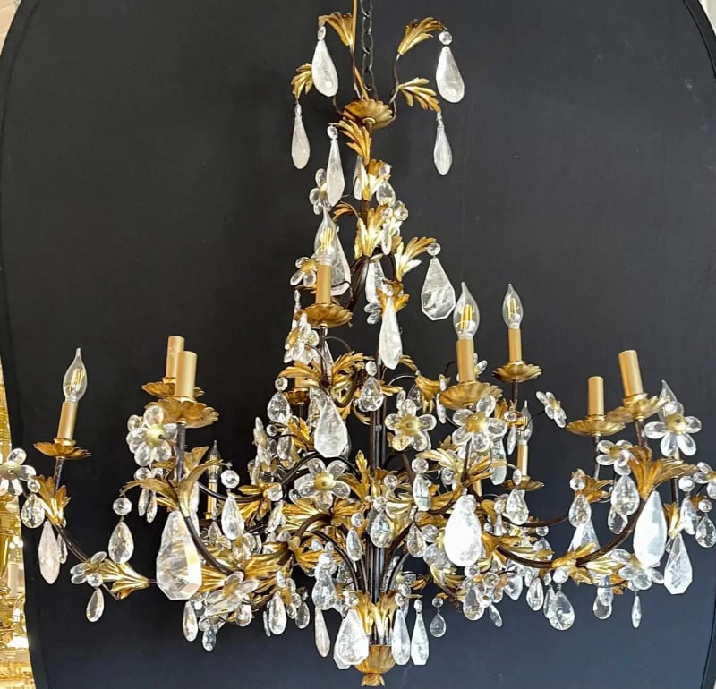 Louis XVI Style Rock Crystal Chandelier, Ebony and Gilt Metal Design - 4