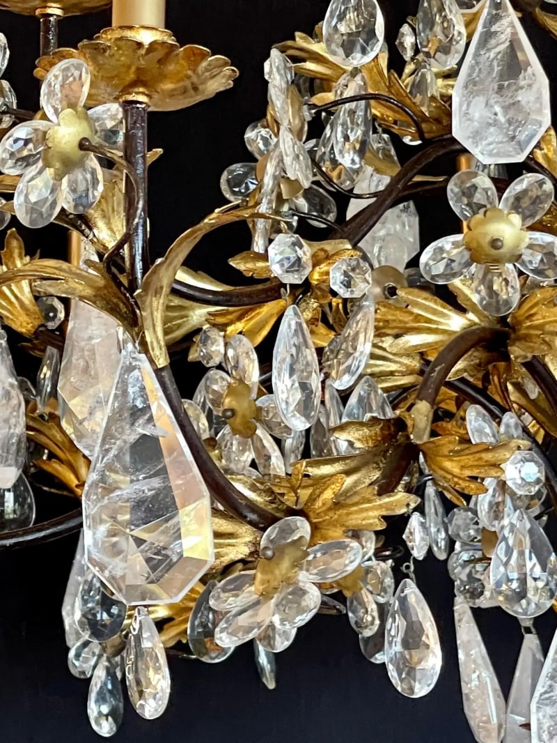 Louis XVI Style Rock Crystal Chandelier, Ebony and Gilt Metal Design - 5