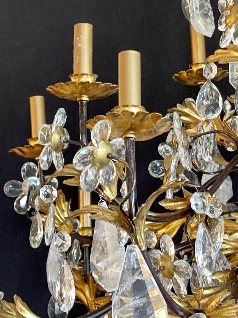 Louis XVI Style Rock Crystal Chandelier, Ebony and Gilt Metal Design - 6
