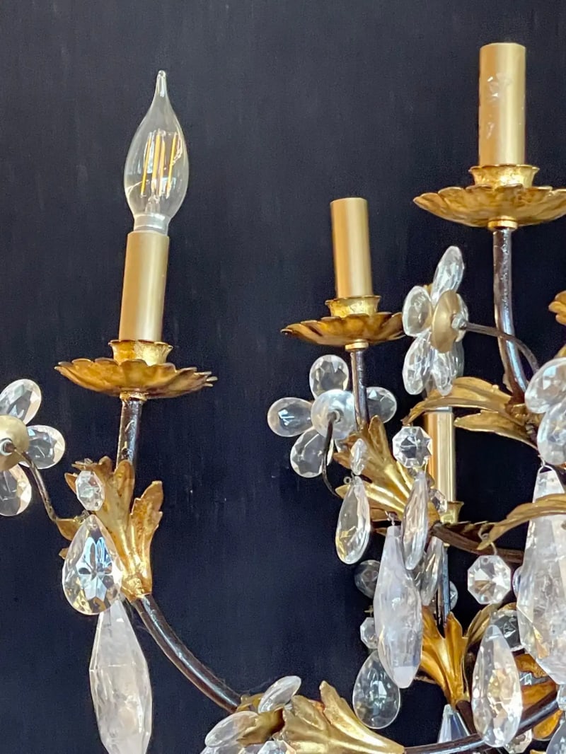Louis XVI Style Rock Crystal Chandelier, Ebony and Gilt Metal Design - 7