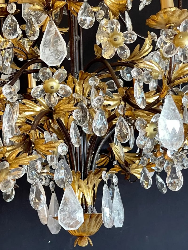 Louis XVI Style Rock Crystal Chandelier, Ebony and Gilt Metal Design - 8