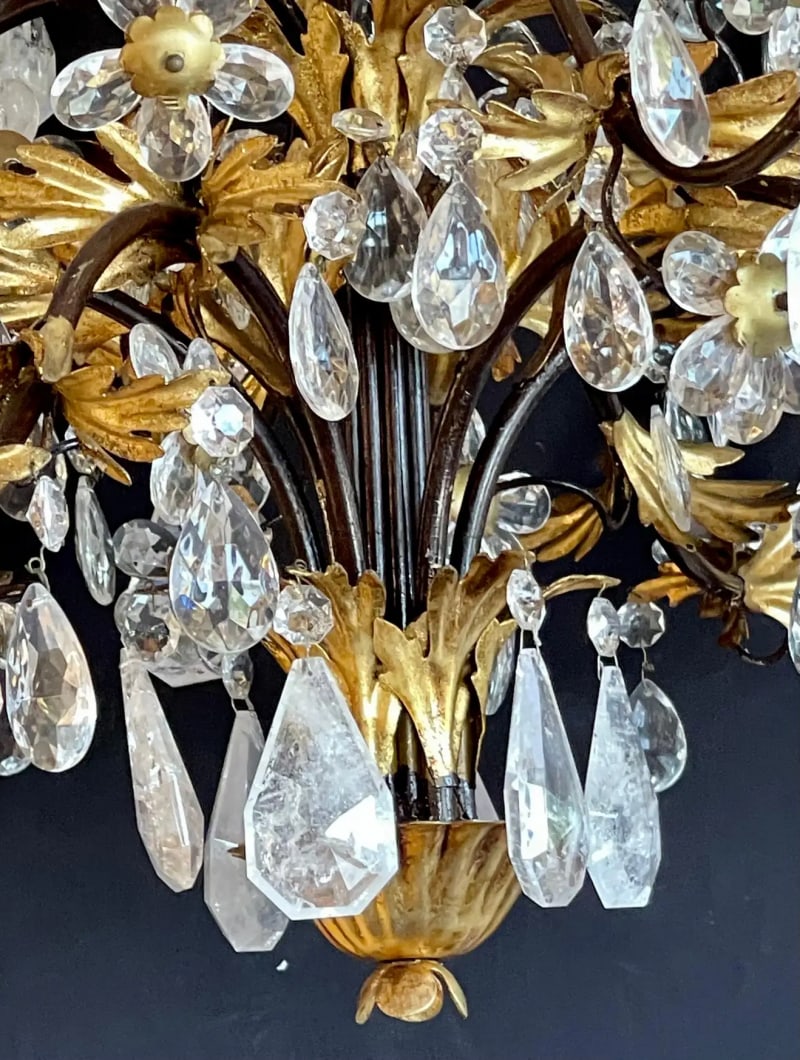 Louis XVI Style Rock Crystal Chandelier, Ebony and Gilt Metal Design - 9