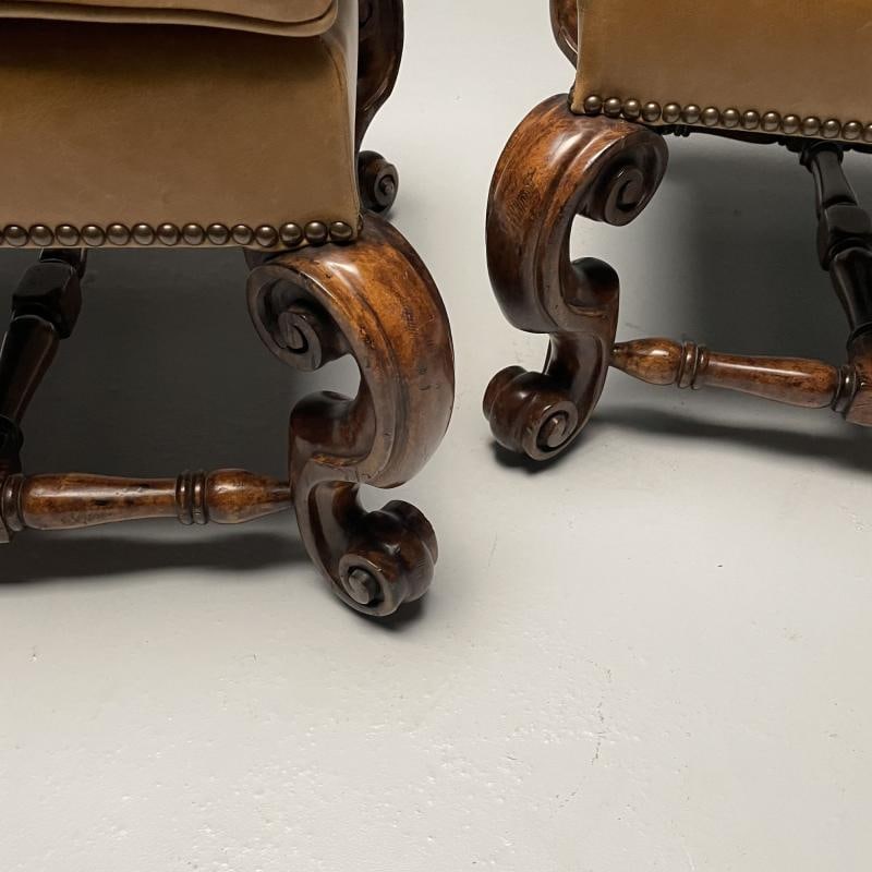 Georgian, Cabriole Leg Ottomans, Tan Leather, Wood, USA, 2000s - 11