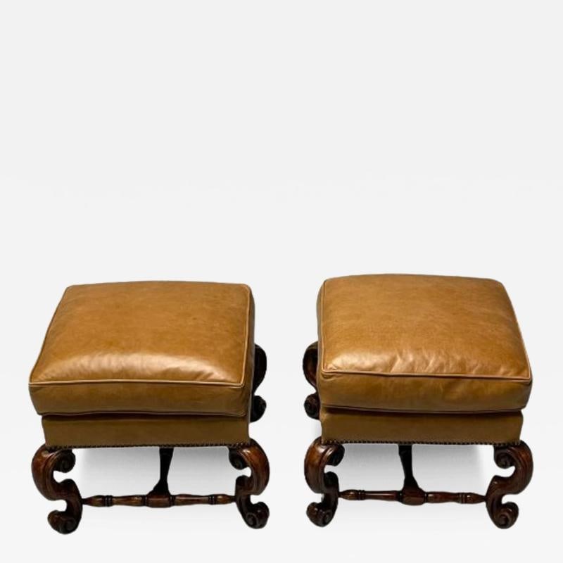 Georgian, Cabriole Leg Ottomans, Tan Leather, Wood, USA, 2000s (1 of 11)