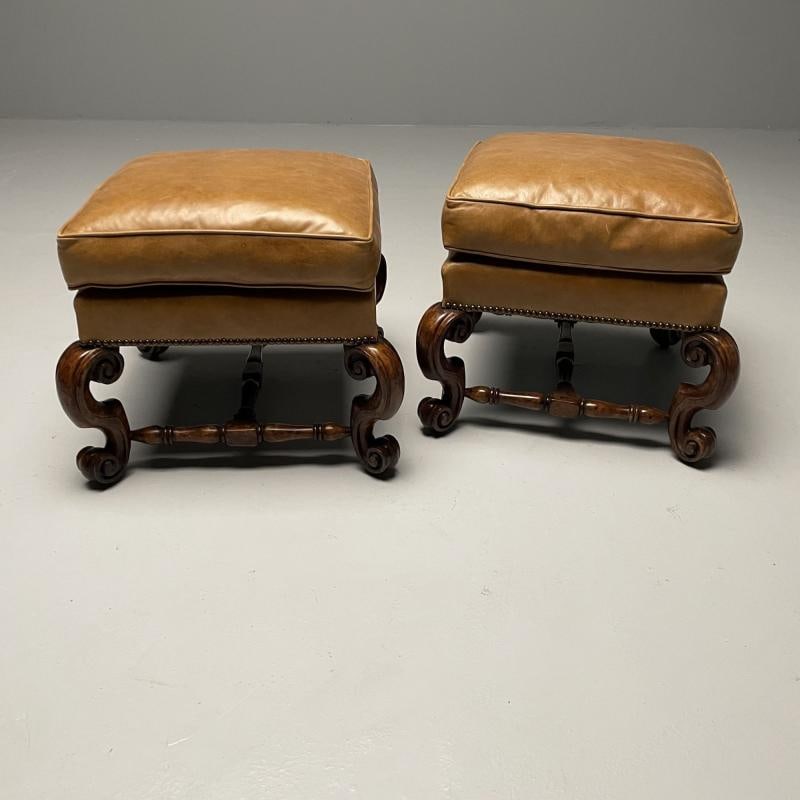 Georgian, Cabriole Leg Ottomans, Tan Leather, Wood, USA, 2000s - 3