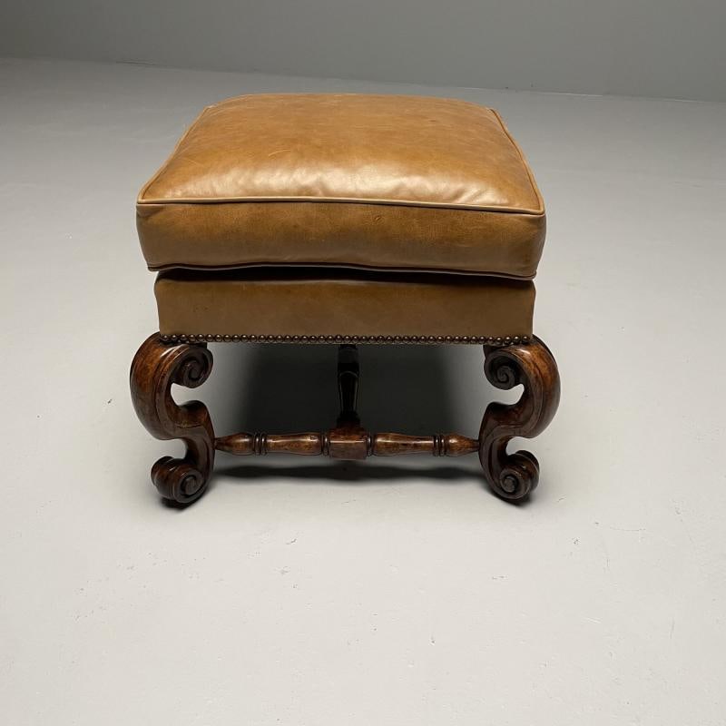 Georgian, Cabriole Leg Ottomans, Tan Leather, Wood, USA, 2000s - 6