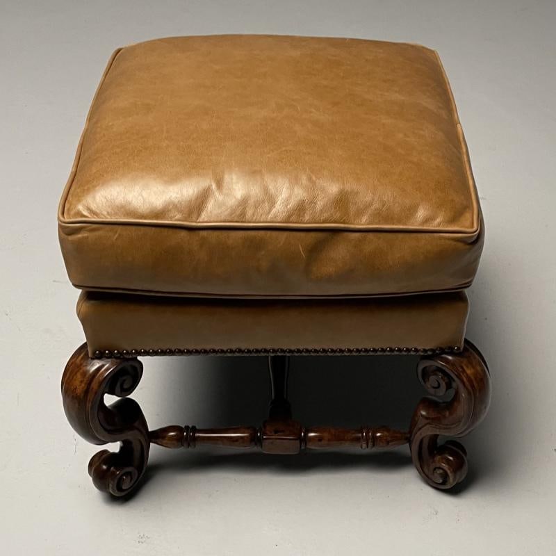 Georgian, Cabriole Leg Ottomans, Tan Leather, Wood, USA, 2000s - 7