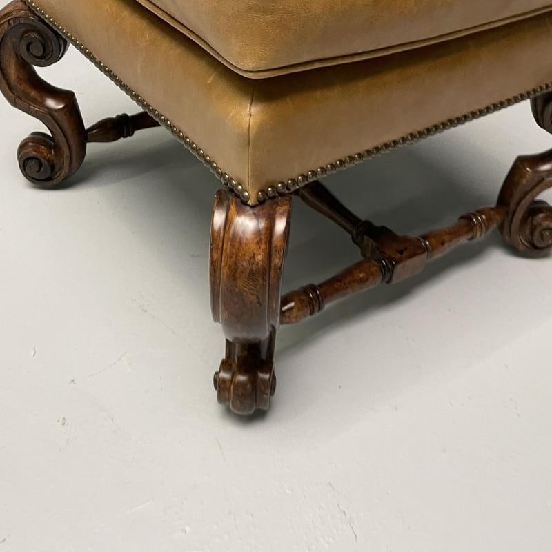 Georgian, Cabriole Leg Ottomans, Tan Leather, Wood, USA, 2000s - 8