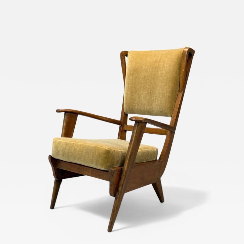 Italian Modern, Stained Wood, Camel Mohair, Lounge Chair, Italy, 1950s: Title: Italian Modern, Stained Wood, Camel Mohair, Lounge Chair, Italy, 1950s Description: Description 1: Italian Modern, Stained Wood, Camel Mohair, High back Lounge Chair, Italy, 1950s Highly sculpt