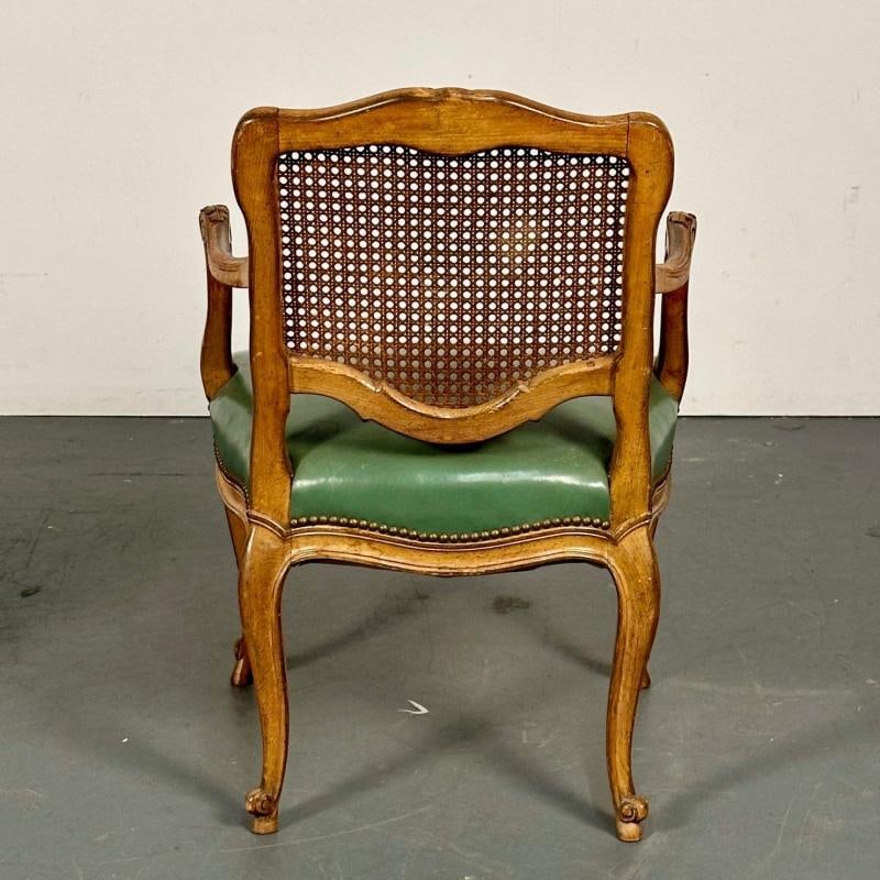 Four French Louis XV Style Fauteuils / Office Chairs, Cane and Leather - 11
