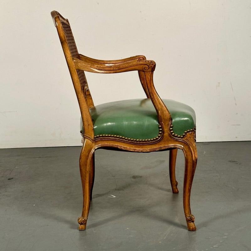 Four French Louis XV Style Fauteuils / Office Chairs, Cane and Leather - 12