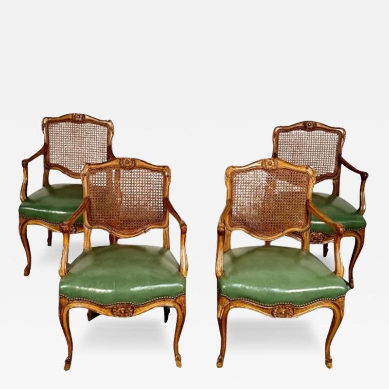 Four French Louis XV Style Fauteuils / Office Chairs, Cane and Leather (1 of 12)