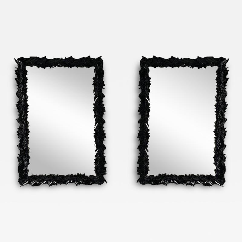 Serge Roche Style, Modern, Rectangular Leaf Wall Mirrors, Black Lacquer - 2