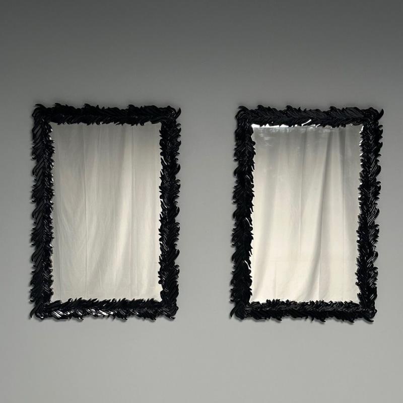 Serge Roche Style, Modern, Rectangular Leaf Wall Mirrors, Black Lacquer - 3